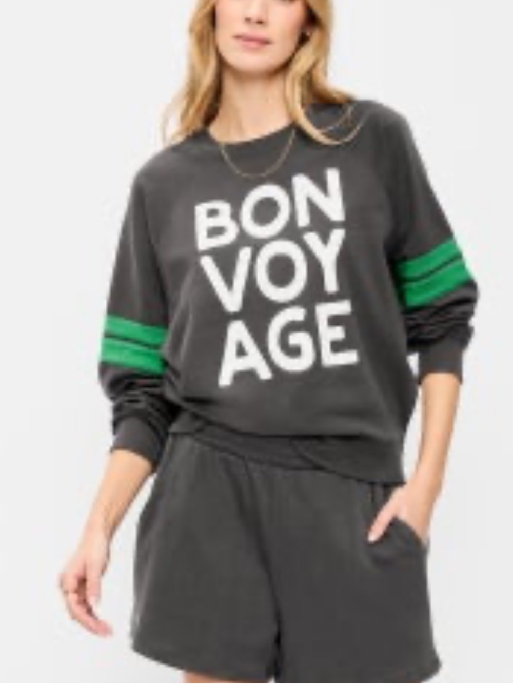 Bon Voyage Slate Gray Pullover Sweatshirt with Green Stripes